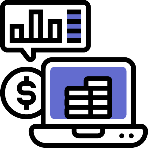 Ikon, laptop, grafer, og penger